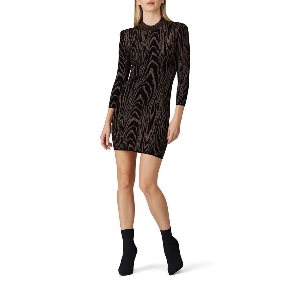A.L.C. Metallic Tiger Knit Mini Ziggy Sweater Dress Womens Large Black Gold